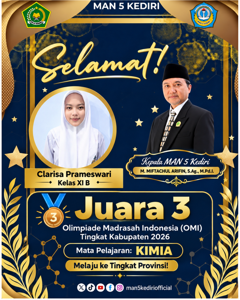 Siswa MAN 5 Kediri Raih Juara 3 OMI Kabupaten 2026 Bidang Kimia, Melaju ke Tingkat Provinsi Siswa MAN 5 Kediri Raih Juara 3 OMI Kabupaten 2026 Bidang Kimia, Melaju ke Tingkat Provinsi